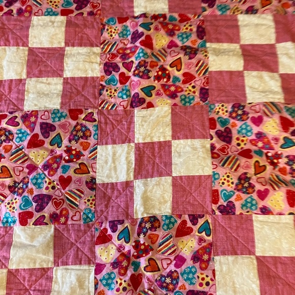 Patchwork handmade quilt with glitter hearts cotton 54 X 40 crib daybed throw - Picture 1 of 9